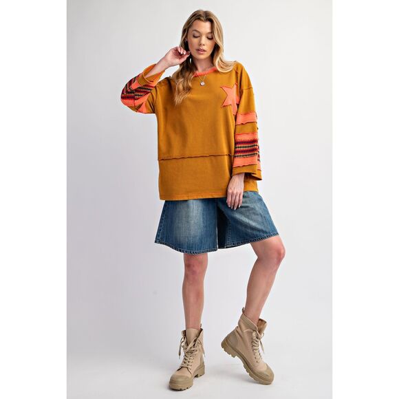 1001 EASEL Large Size Camel Star Patch Terry Knit Washed Pullover Top - Picture 5 of 5